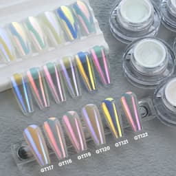 YOKEFELLOW GleamTap Cushion Aurora Chrome Nail Powder 6 Color Mermaid Aurora Effect Nail Art Glitter Decoration for Home DIY Salon Manicure GT117-GT122