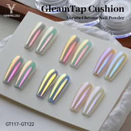 YOKEFELLOW GleamTap Cushion Aurora Chrome Nail Powder 6 Color Mermaid Aurora Effect Nail Art Glitter Decoration for Home DIY Salon Manicure GT117-GT122
