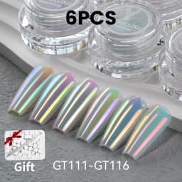 YOKEFELLOW GleamTap Cushion Aurora Chrome Nail Powder 6 Color Mermaid Aurora Effect Nail Art Glitter Decoration for Home DIY Salon Manicure GT117-GT122