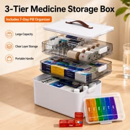 Joybos Large First Aid Kit Organizer Storage Case, Tiered Medicine Box for Home Supplements, Clear Visible Compartments with Bonus Weekly Pill Dispenser
