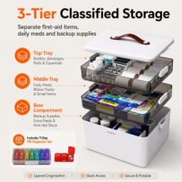 Joybos Large First Aid Kit Organizer Storage Case, Tiered Medicine Box for Home Supplements, Clear Visible Compartments with Bonus Weekly Pill Dispenser