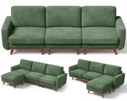 97" L-Shape Modular Sofa, 3-Seat Corduroy Couch with Movable Ottoman, Sectional Sofa for Living Room, Green, Customized
