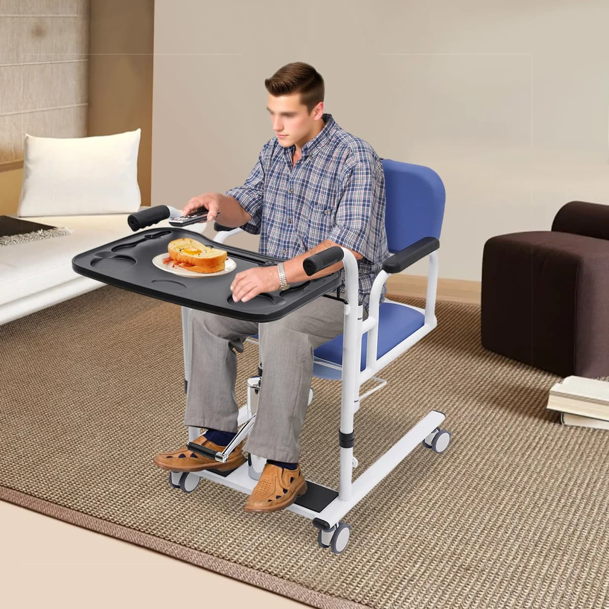Hydraulic Patient Lift Transfer Chair, 330lbs Height Adjustable Transport Wheelchair Shower Chair 180° Split Seat Patient Lifter