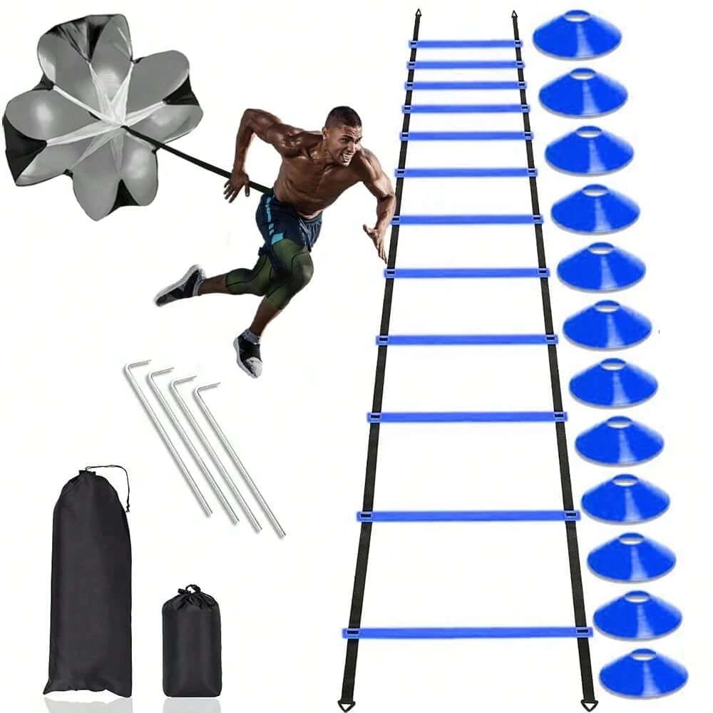 Speed Agility Training Set,Includes 12 Rung 20ft Adjustable Agility Ladder,12 Sports Cones,4 Steel Stakes,1 Resistance Parachute