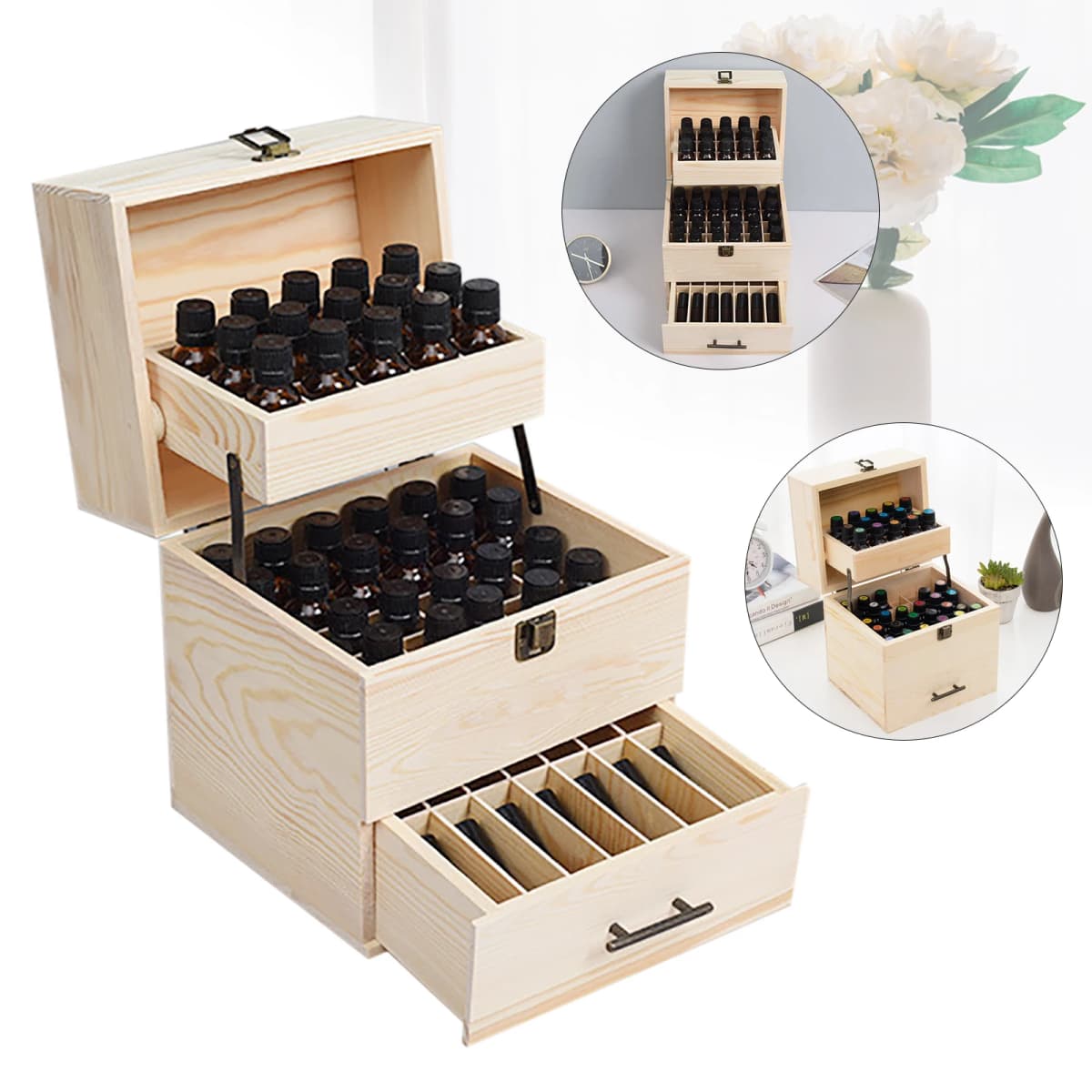 Wood Essential Oil Box 59 Grid Wood Essential Oil Box Essential Oil Packaging Box High Quality 3 Layer Essential Oil Box