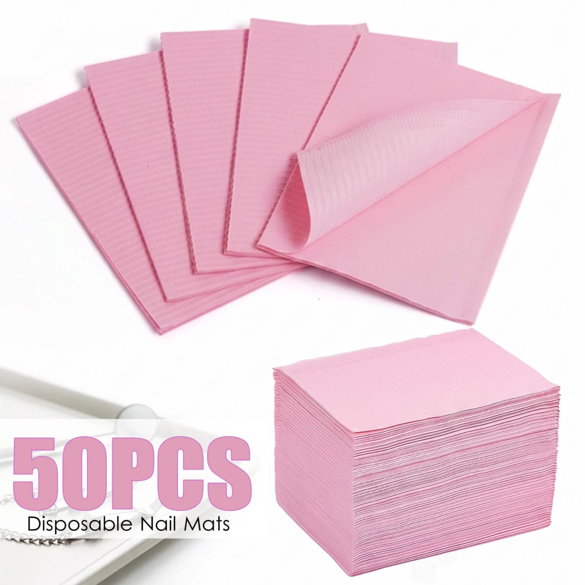 Makartt Disposable Nail Mats: 50Pcs Pink Fordable Nail Paper Towels for Table Acrylic Nail Practice Sheet 3 Ply Waterproof Nail