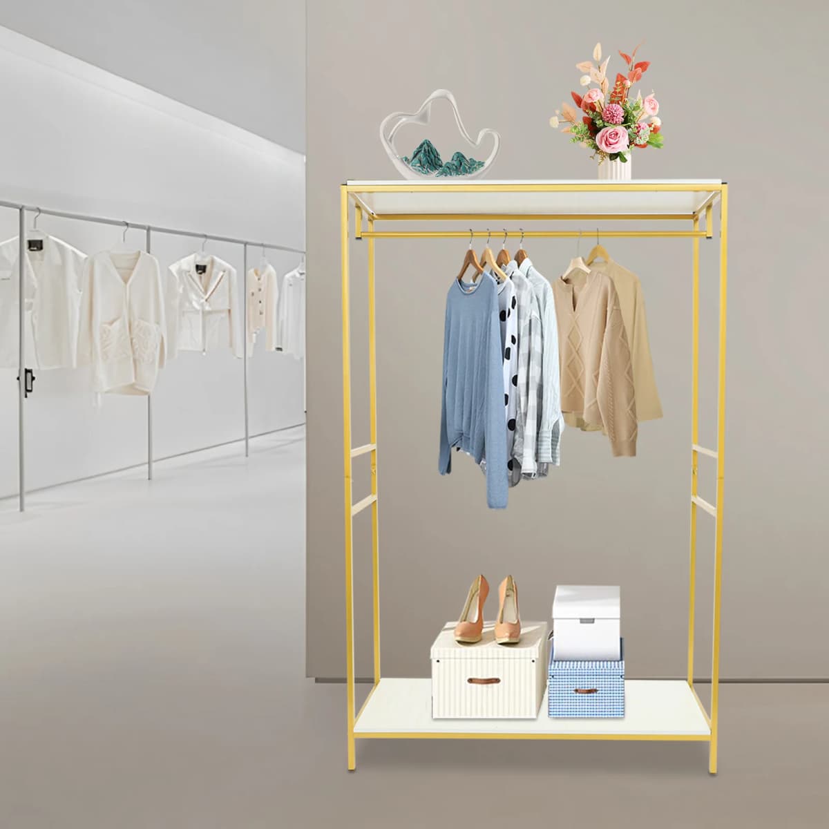 Gold Iron Clothing Rack with Shelves Wedding Dress Bridal Garment Rack Stand