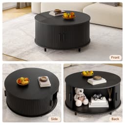 Round Coffee Table with Storage, 31.5 In Drum Coffee Table with 360° Curved Sliding Door, ModernFluted Wood Accent Coffee Tablee