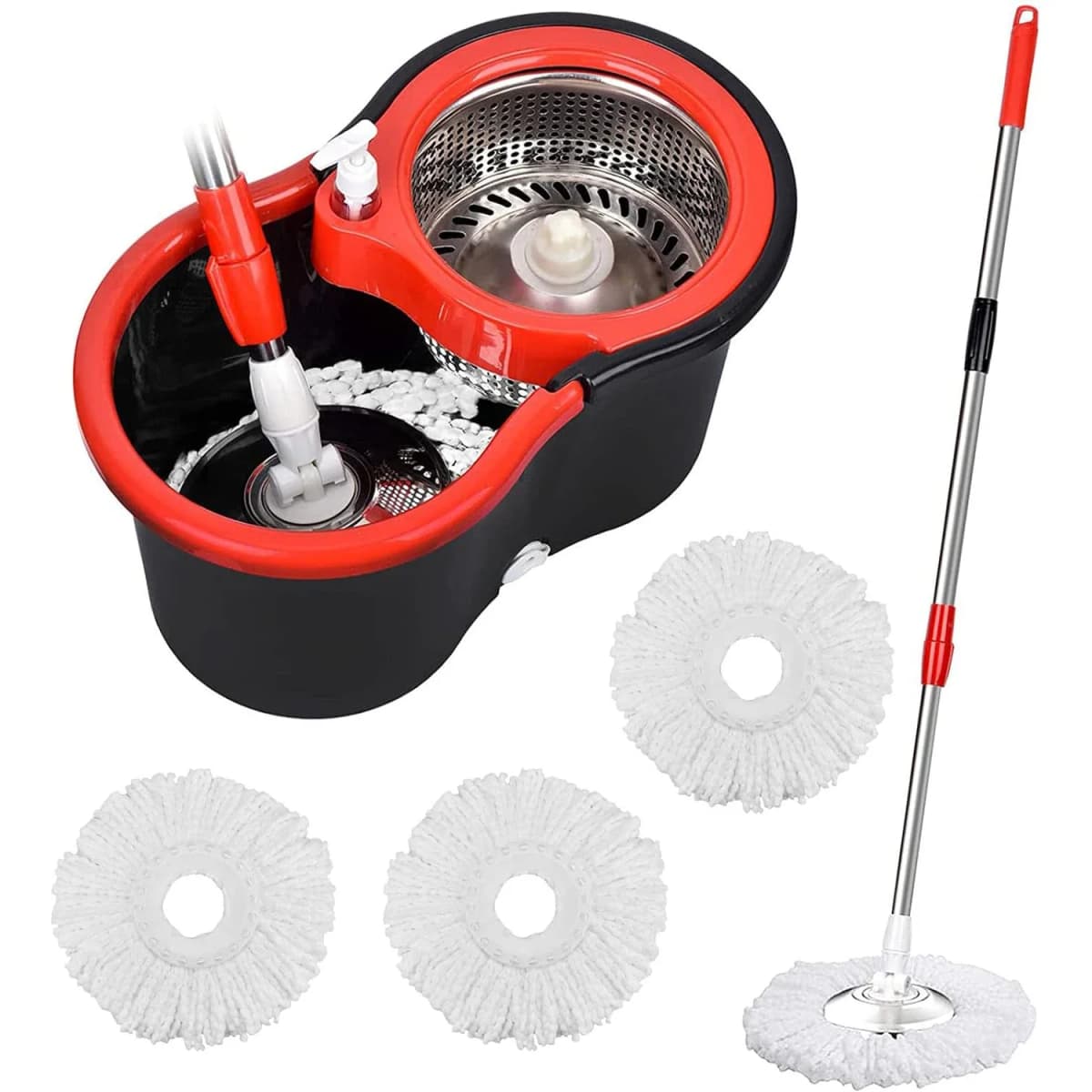 360 Rotating Spin Mop Bucket Set Stainless Steel Wringer 3 Microfiber Mop Heads for Floor Cleaning
