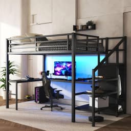 Black Metal Loft Bed w/ Desk Wardrobe Storage Stairs LED USB Port Space Saving Noise-Free Kids Full Size Loft Bed, Customized