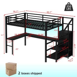 Black Metal Loft Bed w/ Desk Wardrobe Storage Stairs LED USB Port Space Saving Noise-Free Kids Full Size Loft Bed, Customized