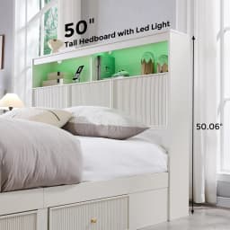 Fluted Queen Storage Bed Frame 50" LED Headboard 4 Drawers Charging Station Wood Platform Easy Assembly No Box Spring, Customize