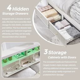 Fluted Queen Storage Bed Frame 50" LED Headboard 4 Drawers Charging Station Wood Platform Easy Assembly No Box Spring, Customize