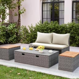 Outdoor Rattan Daybed with 2 Side Tables, Multifunctional Wicker Patio Sofa with Storage Ottoman, Cushions, Customized