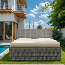 Outdoor Rattan Daybed with 2 Side Tables, Multifunctional Wicker Patio Sofa with Storage Ottoman, Cushions, Customized