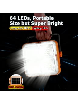 Portable Solar Light, USB Rechargeable Flashlight, 64LED Super Bright Emergency Lighting For Camping, Night Market, Power Outage