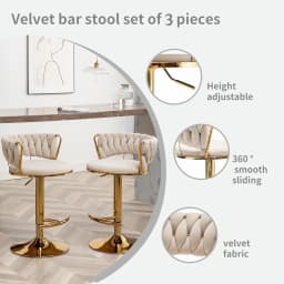 Adjustable Velvet Counter Height Bar Stool Set 3 Low Back 360° Swivel Kitchen Island Pub Chair , Custom