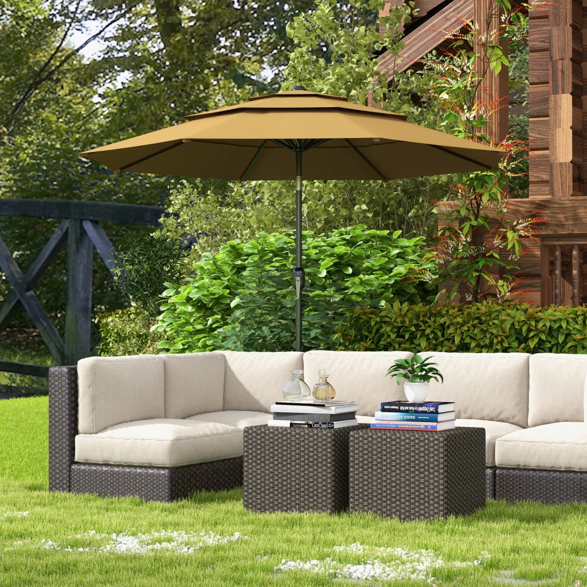 9ft 3 Tier Outdoor Patio Market Umbrella with Crank Handle for Backyard Terrace, Light Tan