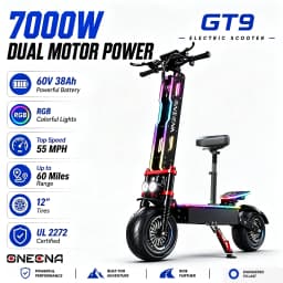 ONEONA GT9 Adults Electric Scooter with Seat | 7000W Dual Motor | 55MPH Max Speed, 60 Miles Range | 60V 38Ah Battery | 12" Off Road Tires, RGB Lights, UL2272 Foldable Commuter E Scooter