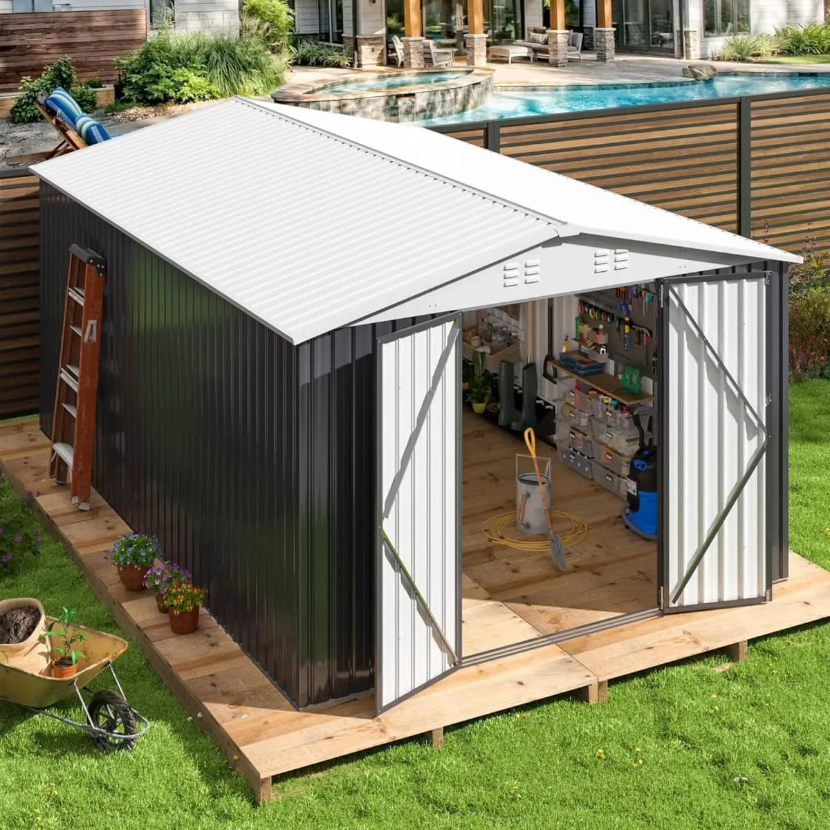 10x14 FT Outdoor Storage Shed, Garden Shed with Updated Frame Structure and Lockable Doors, Metal Tool Sheds, Customized