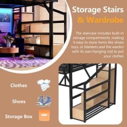 Twin XL Bed with Storage Stairs Shelves Wardrobe LED USB Noise-Reduced Natural Wood, Customized