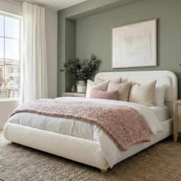 Full Size Upholstered Bed Frame Boucle Rounded Headboard Solid Wood Legs Boho Easy Assembly No Box Spring Needed, Customized