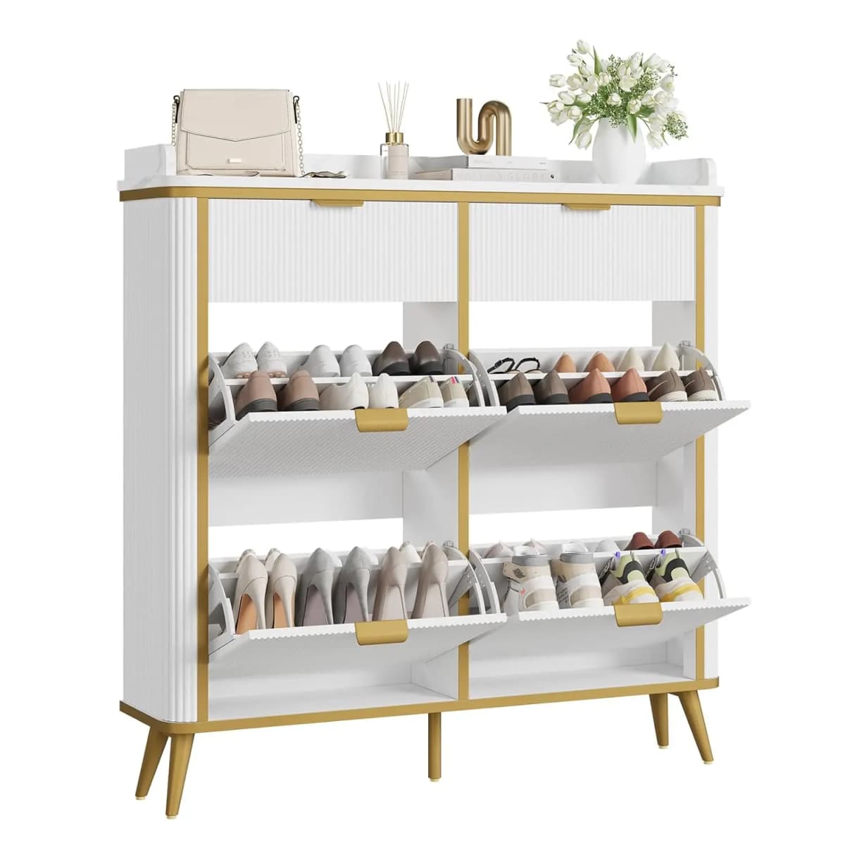 Fluted Shoe Cabinet Storage, Modern Slim Shoe Organizer Cabinet with 4 Flip Drawers & 2 Drawers, Customized
