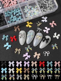 24 Grids of Nail Art Accessories, Resin Alloy Multi-Color Bow, Versatile Solid Color Streamer, Wearable Nail DIY Decoration