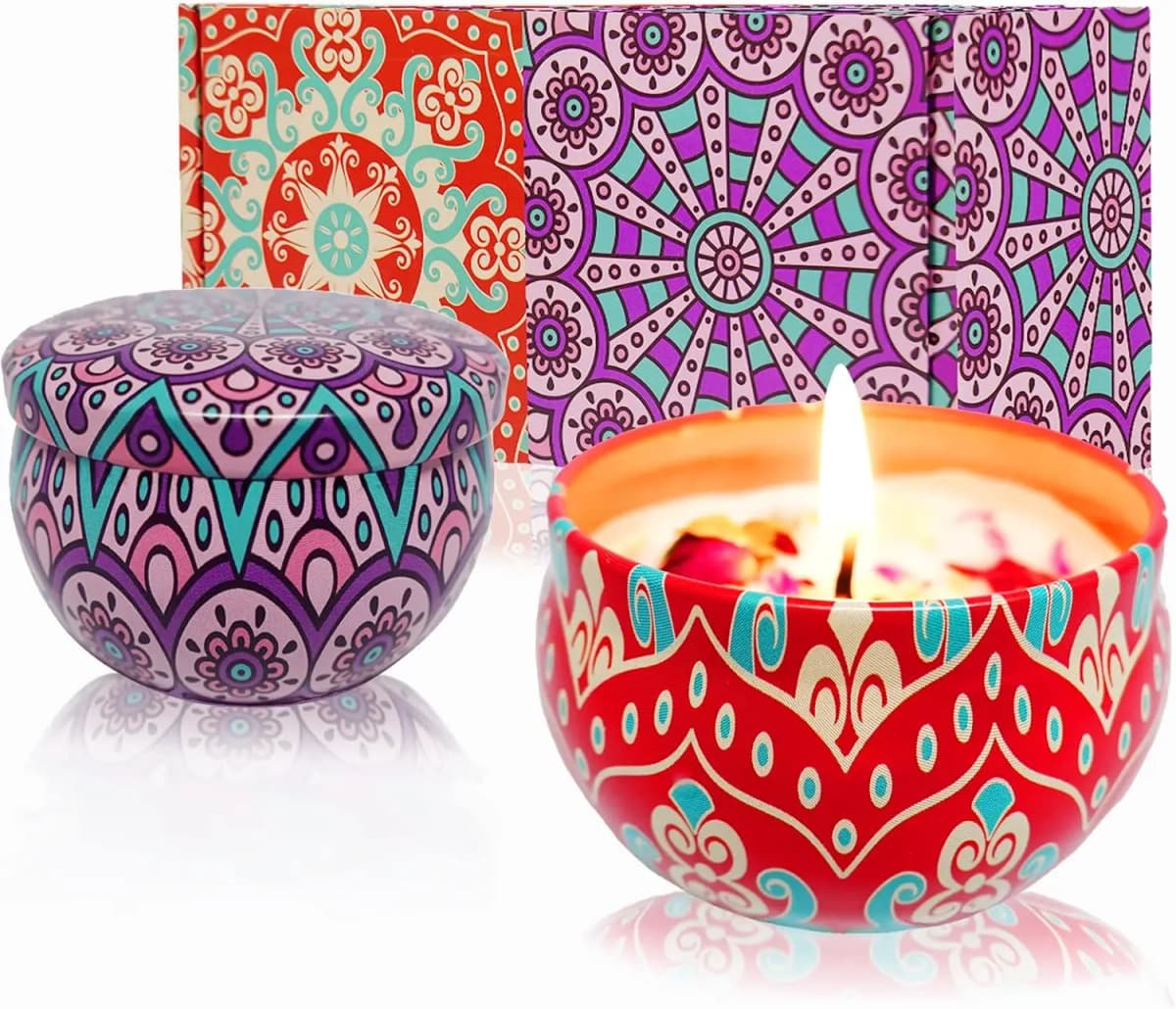 Ethnic Pattern Scented Candle in Tin, Decorative & Aromatherapy, Provides 30-40H Soft Glow, for Mood, Light & Freshening