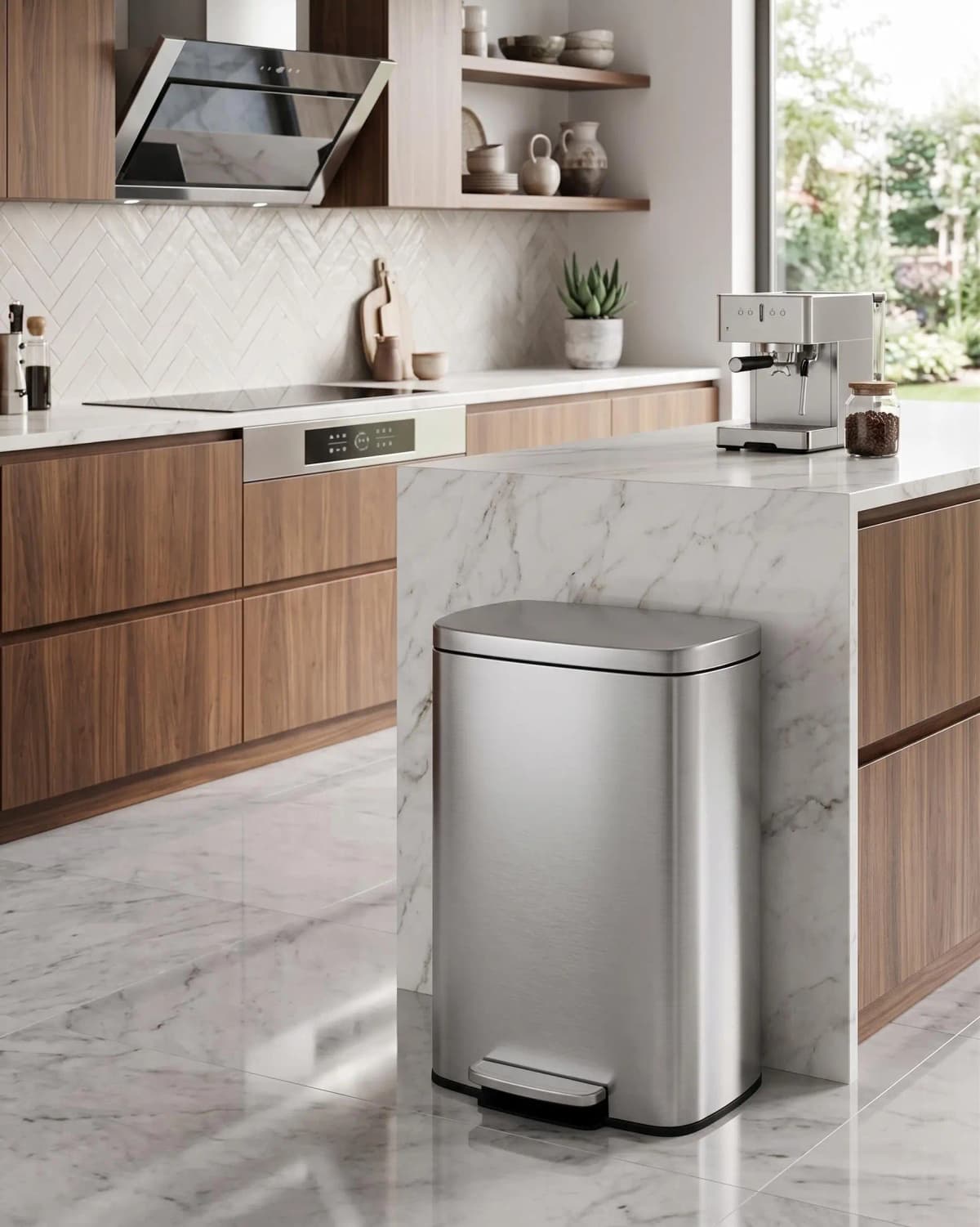 13 Gal / 50 L Step-On Trash Can, Stainless Steel Kitchen Garbage Can with Soft Close Lid, Removable Inner Bucket & Rear Handle for Easy Transport