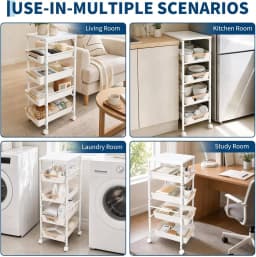 5-Tier Slim Rolling Storage Cart, Narrow Kitchen Cart with Wooden Top and Pull-Out Baskets, Mobile Shelving Unit Organizer for Kitchen, Bathroom, Laundry