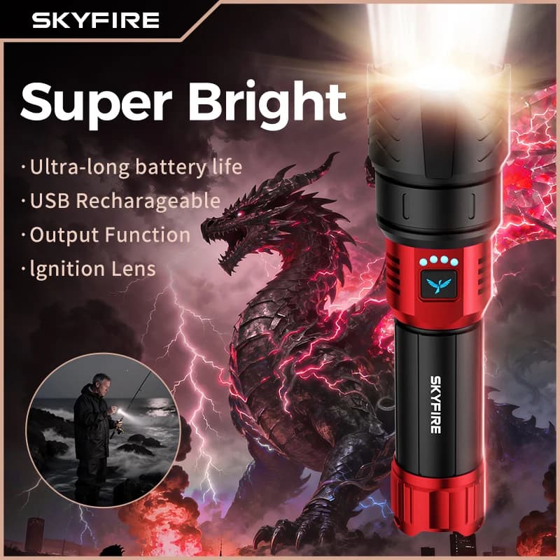 SKYFIRE new high-brightness LED rechargeable flashlight, which can be adjusted to 4 different modes, has a battery life of 17 hours and is suitable for camping, home use and outdoor activities.
