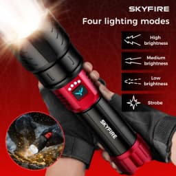 SKYFIRE new high-brightness LED rechargeable flashlight, which can be adjusted to 4 different modes, has a battery life of 17 hours and is suitable for camping, home use and outdoor activities.