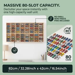 80 Slots Real Wood 1:64 Diecast Toy Car Display Case Wall Mounted Display Rack Holder Open Shelf Storage Organizer for Small Model Cars Collection Premium Solid Wood Grids Display Unit Mini Vehicles Storage Box Large Capacity Shadow Box Home Garage Decor