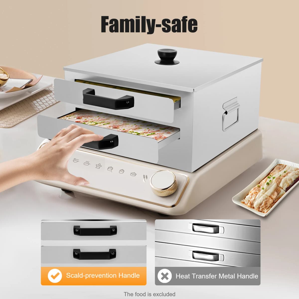 Chinese Rice Noodle Roll Food Steamer with Extra Tray Stainless Steel Square Tier/Layer Cooking Cuisine Top Open RecipeCookware