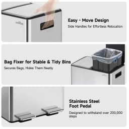 mVm Trash Can Stainless 60L/40L/45L Kitchen Step Trash Bin for Recycling Waste Sorting Soft Close Lid Double Lid