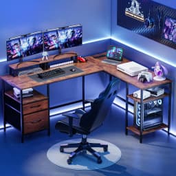 JHK 62IN L Shaped Computer Desk with 2 Drawers Wood Table with Adjustable Storage Shelves Charging Station Desk for Office