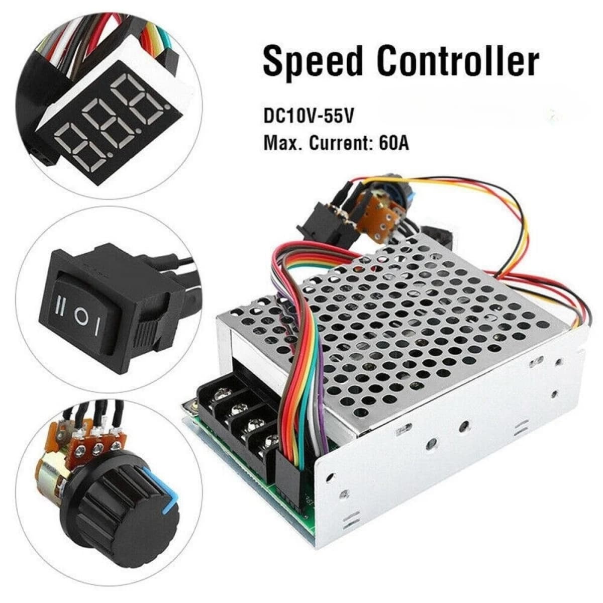 Digit DC10-55V Motor Speed Controller 60A PWM Speed Controller with Switch Digital Display CW CCW Reversible 12V 24V 36V
