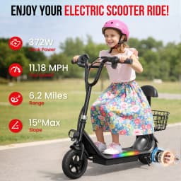 Spacewalk Kids Electric Scooter with Bluetooth Speaker Foldable Design Seat Carry Basket LED Light Strip 11MPH Speed 132lbs Max