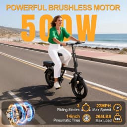 14 inch Foldable Electric Bike for Adults, 500W Motor Ebike, Max 22MPH Speed, 30 Miles Long Range, Dual Brake System, 265lbs Load Capacity Portable MINI Electric Bicycle for City Commuting