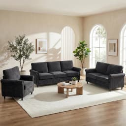 Modern 3PCS Chenille Sofa Set Thick Cushion Rivet Design Living Room Couch with Wood Frame & Gourd Shape Legs