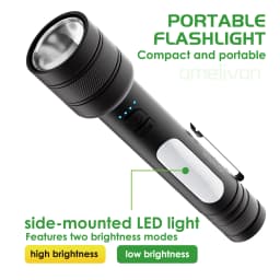 Portable Flashlight with Side-Mounted Led Light, Three-Level Dimming (High Brightness/Low Brightness/Strobe), with Power Bank Function, Supports Mobile Phone Charging, 2000Mah USB Charging, Work Lighting, Outdoor Camping Emergency Light