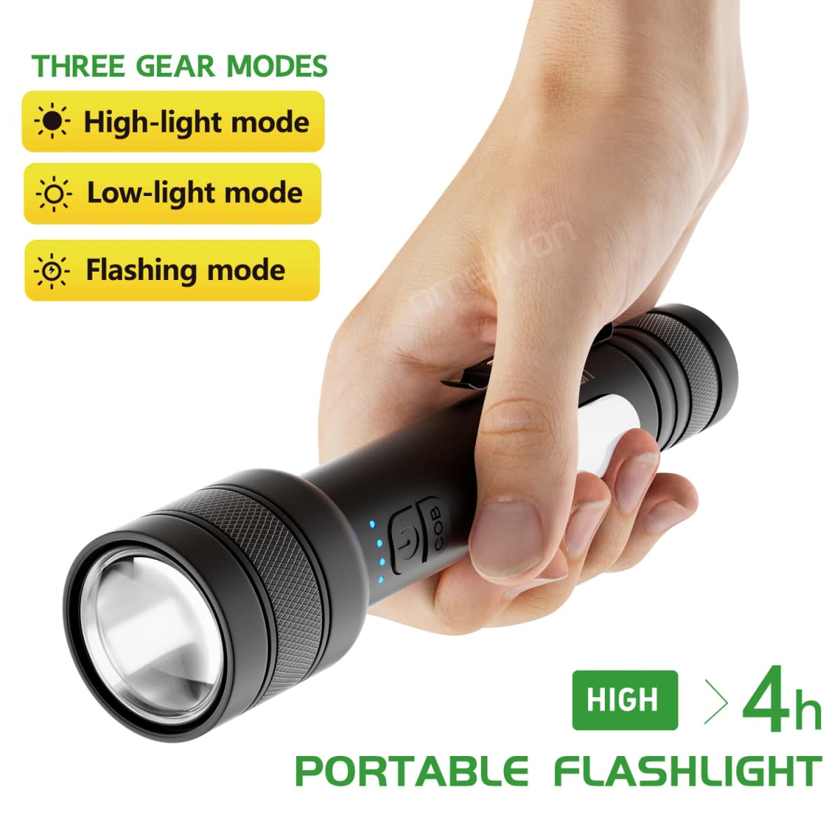 Portable Flashlight with Side-Mounted Led Light, Three-Level Dimming (High Brightness/Low Brightness/Strobe), with Power Bank Function, Supports Mobile Phone Charging, 2000Mah USB Charging, Work Lighting, Outdoor Camping Emergency Light