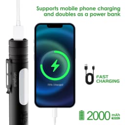 Portable Flashlight with Side-Mounted Led Light, Three-Level Dimming (High Brightness/Low Brightness/Strobe), with Power Bank Function, Supports Mobile Phone Charging, 2000Mah USB Charging, Work Lighting, Outdoor Camping Emergency Light