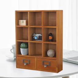 9 Compartment Vintage Wooden Storage Cabinet with 2 Drawers Multi-grid Display Organizer for Home Living Study Bedroom Decor Book Storage