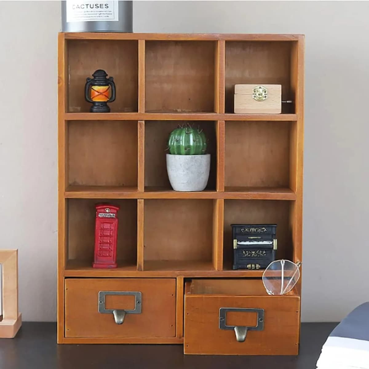 9 Compartment Vintage Wooden Storage Cabinet with 2 Drawers Multi-grid Display Organizer for Home Living Study Bedroom Decor Book Storage