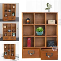 9 Compartment Vintage Wooden Storage Cabinet with 2 Drawers Multi-grid Display Organizer for Home Living Study Bedroom Decor Book Storage