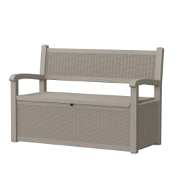 Outdoor Storage Bench with Rattan Look, Light Brown, Weatherproof Resin Patio Bench with Storage Box for Garden Backyard Poolside