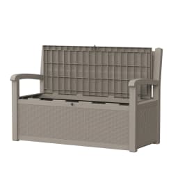 Outdoor Storage Bench with Rattan Look, Light Brown, Weatherproof Resin Patio Bench with Storage Box for Garden Backyard Poolside