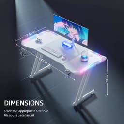 47/55/63inch Gaming Desk, Carbon Fibre Gaming Table with LED Lights, Z Shaped Ergonomic Desk with Cup Holder & Headphone Hook, White